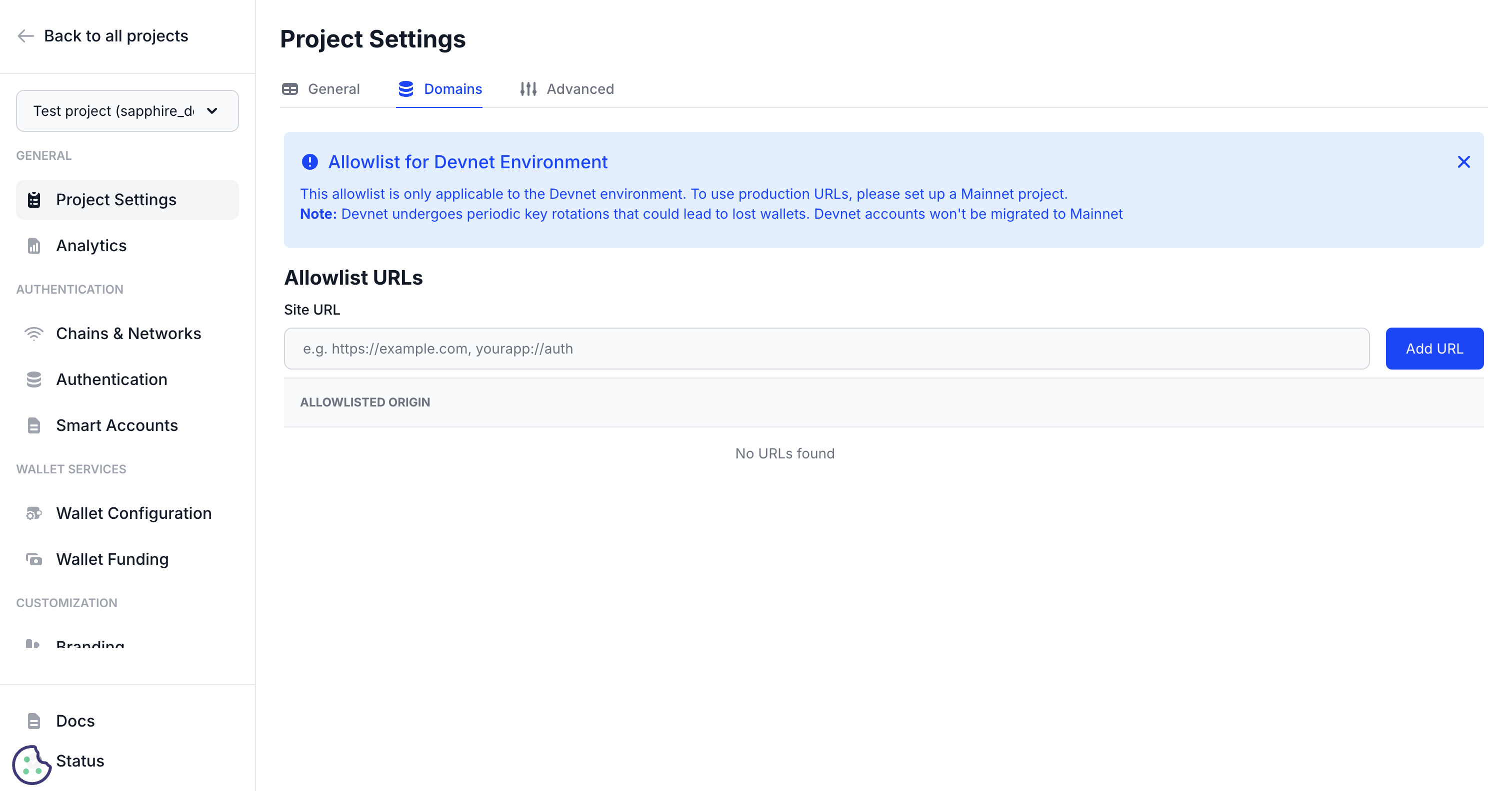 Project Settings Domains